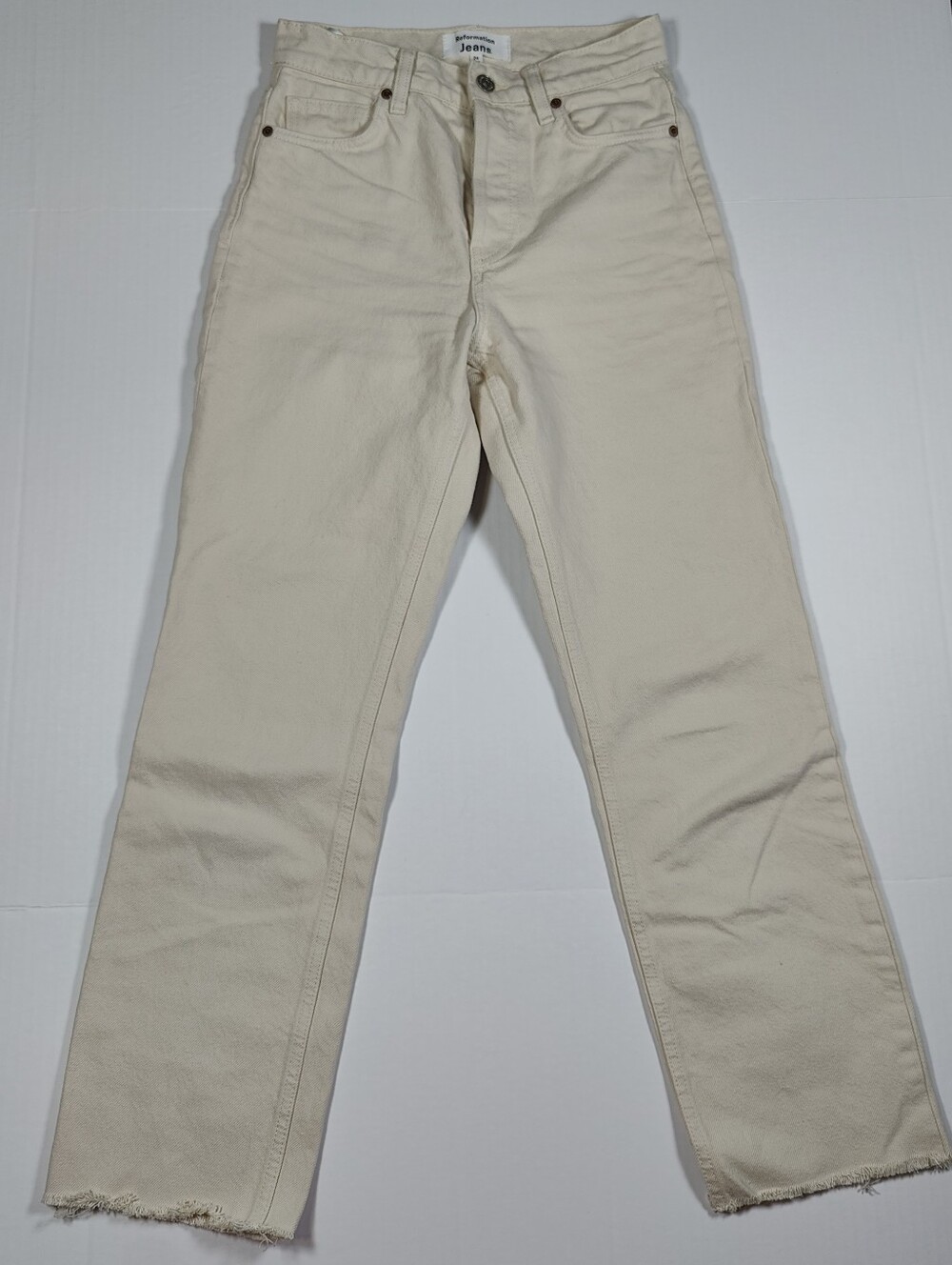 Reformation Cynthia High Rise Straight Cream Button Fly Jeans Raw Hem Size 24